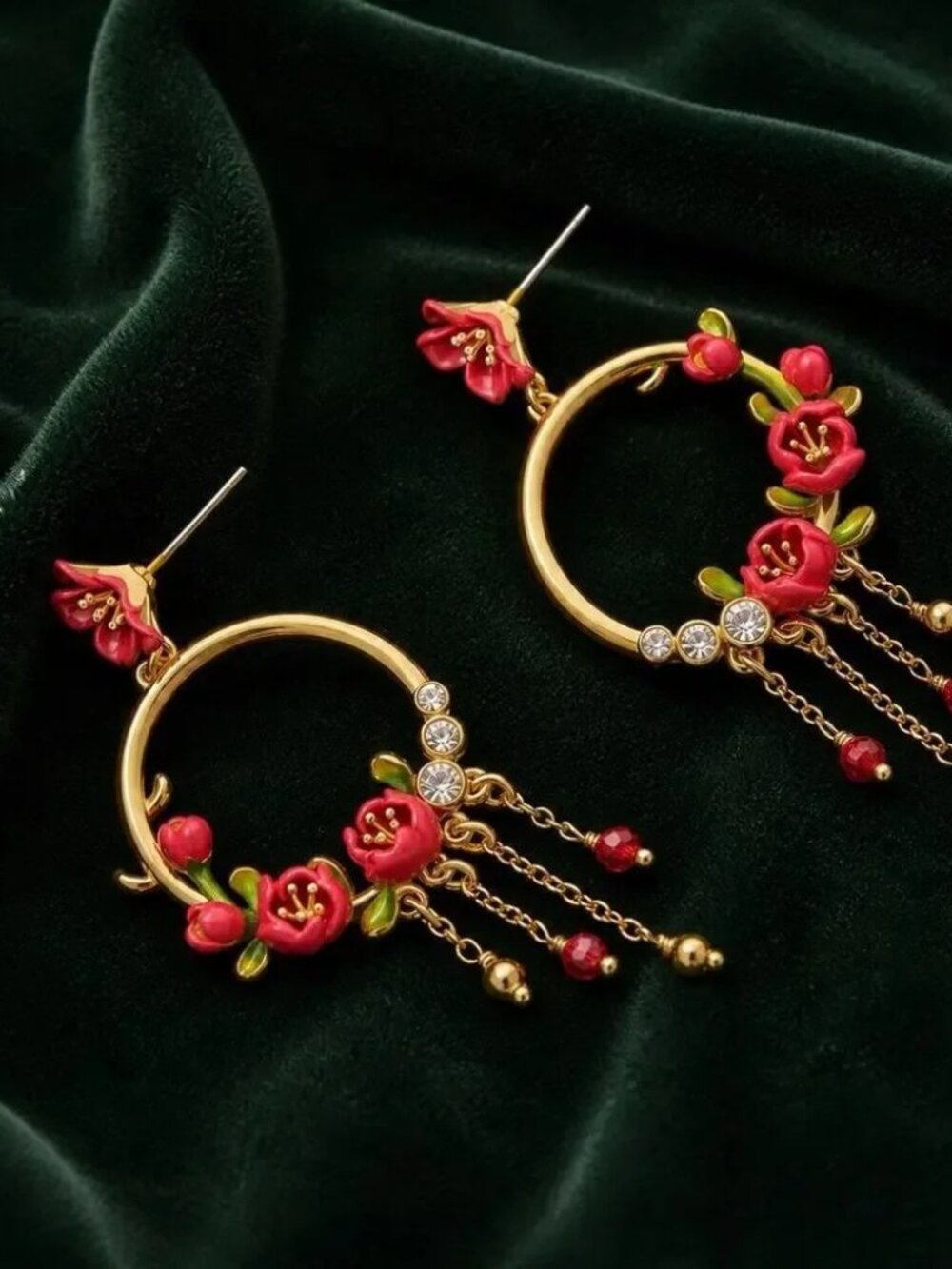 Flower Hoop Earrings CZ Chain Cottagecore Boho Wreath Floral French Designer